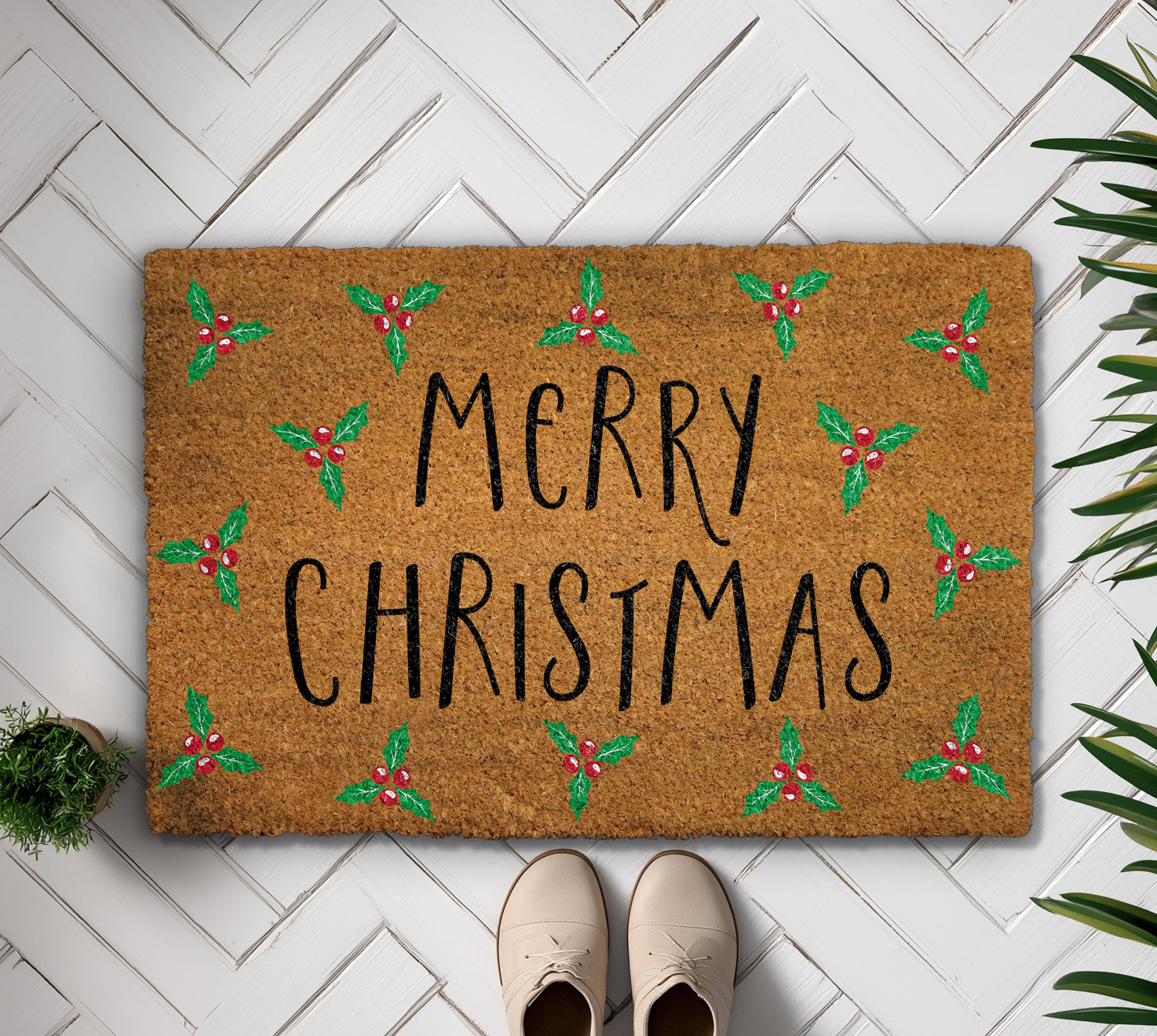 Festive Holly Berries Doormat, Winter Welcome Rug, Housewarming Decor