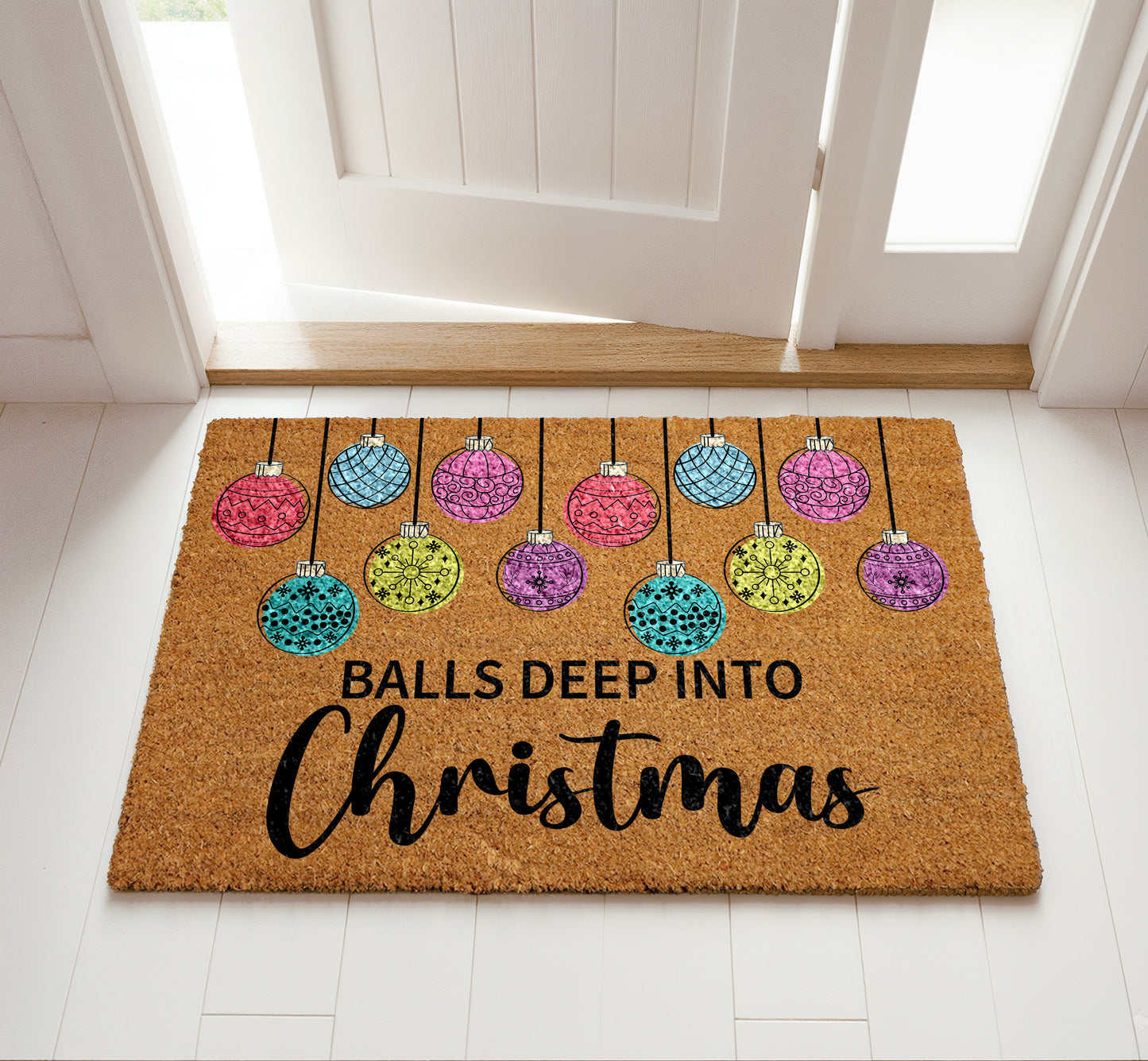 Festive Humor: Balls Deep Into Christmas Doormat, Xmas Housewarming Gift