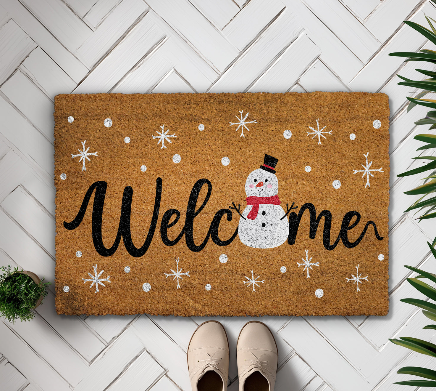 Snowman Welcome Mat, Winter Snowflake Rug, Christmas Housewarming Decor