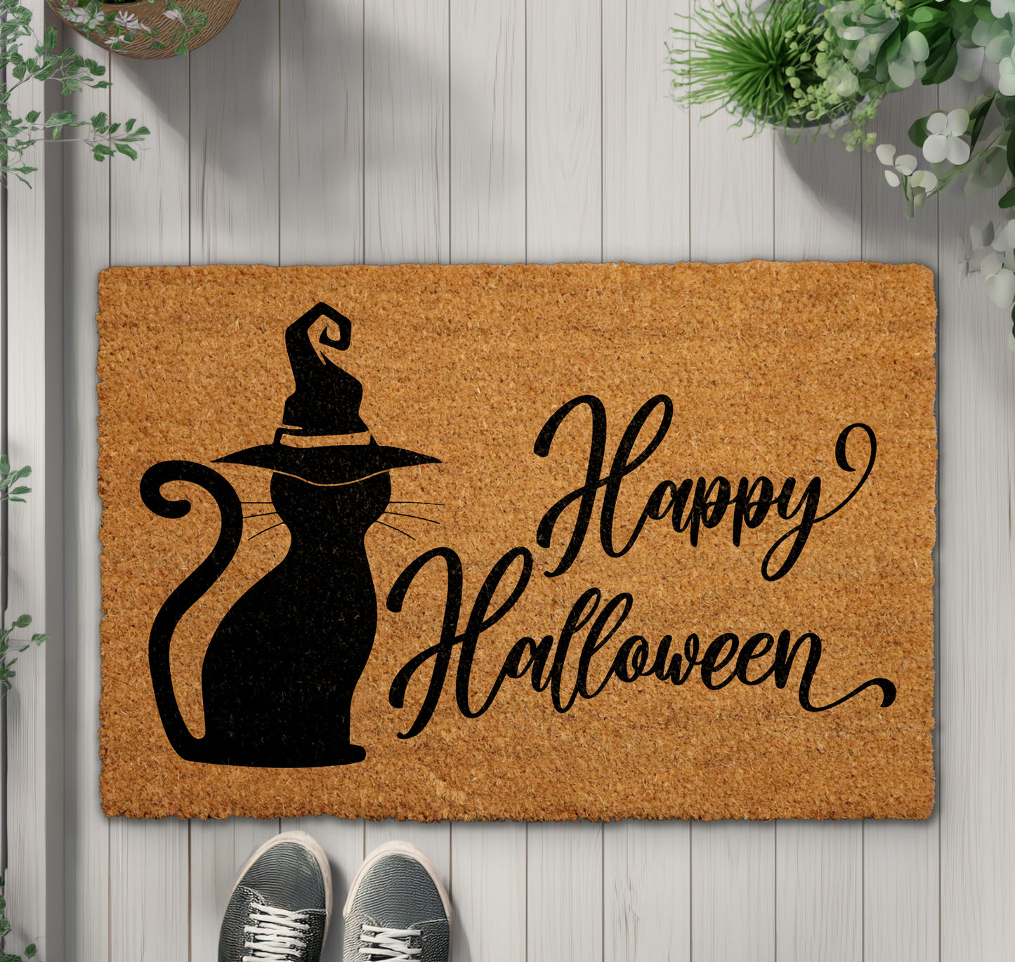 Witchy Black Cat Doormat: Spooky Season Home Decor Essential.