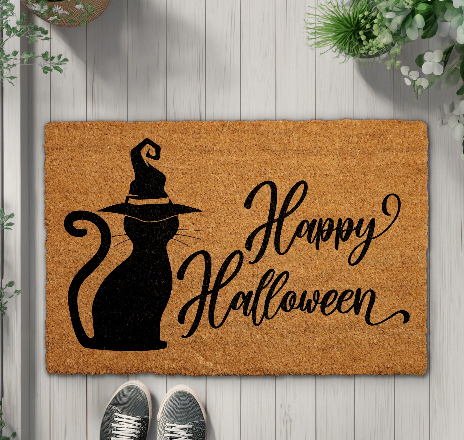 Witchy Black Cat Doormat: Spooky Season Home Decor Essential.