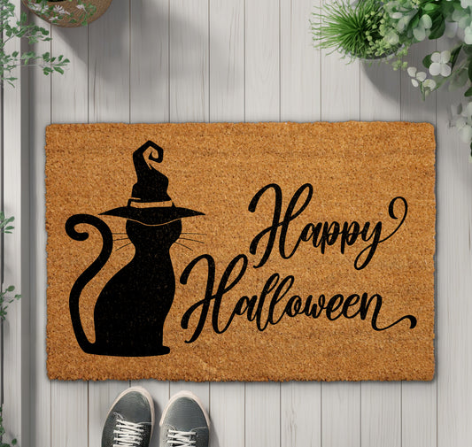 Witchy Black Cat Doormat: Spooky Season Home Decor Essential.