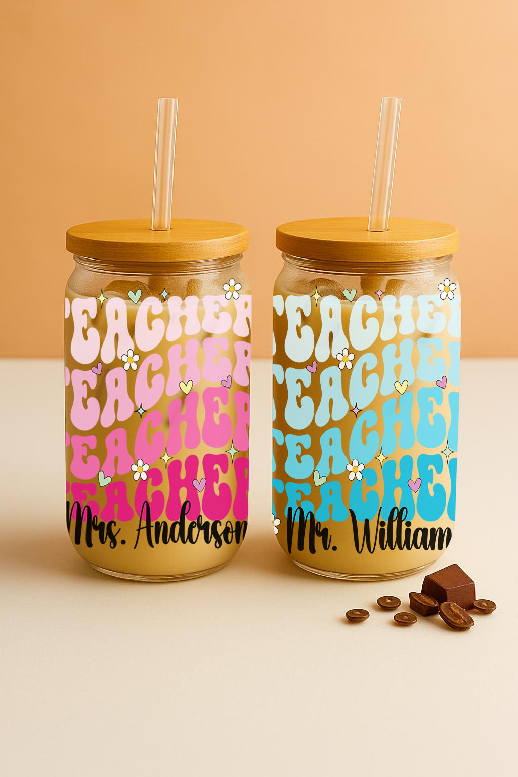 Floral Teacher Appreciation Glass Tumbler, Personalized with Teacher's Name