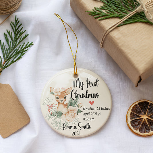 Personalized Baby Birth Stats Ornament, Deer Theme Nursery Decoration, Winter Keepsake.