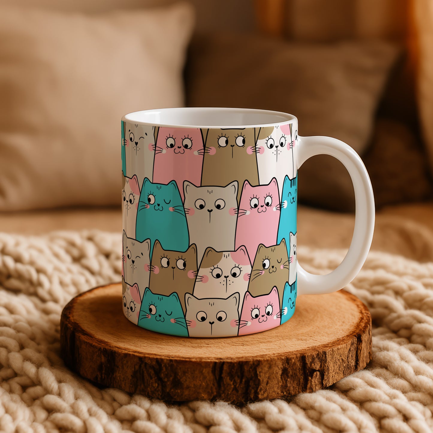 Colorful Cartoon Cats Ceramic Mug, Cute Kawaii Design, Cat Lover Gift
