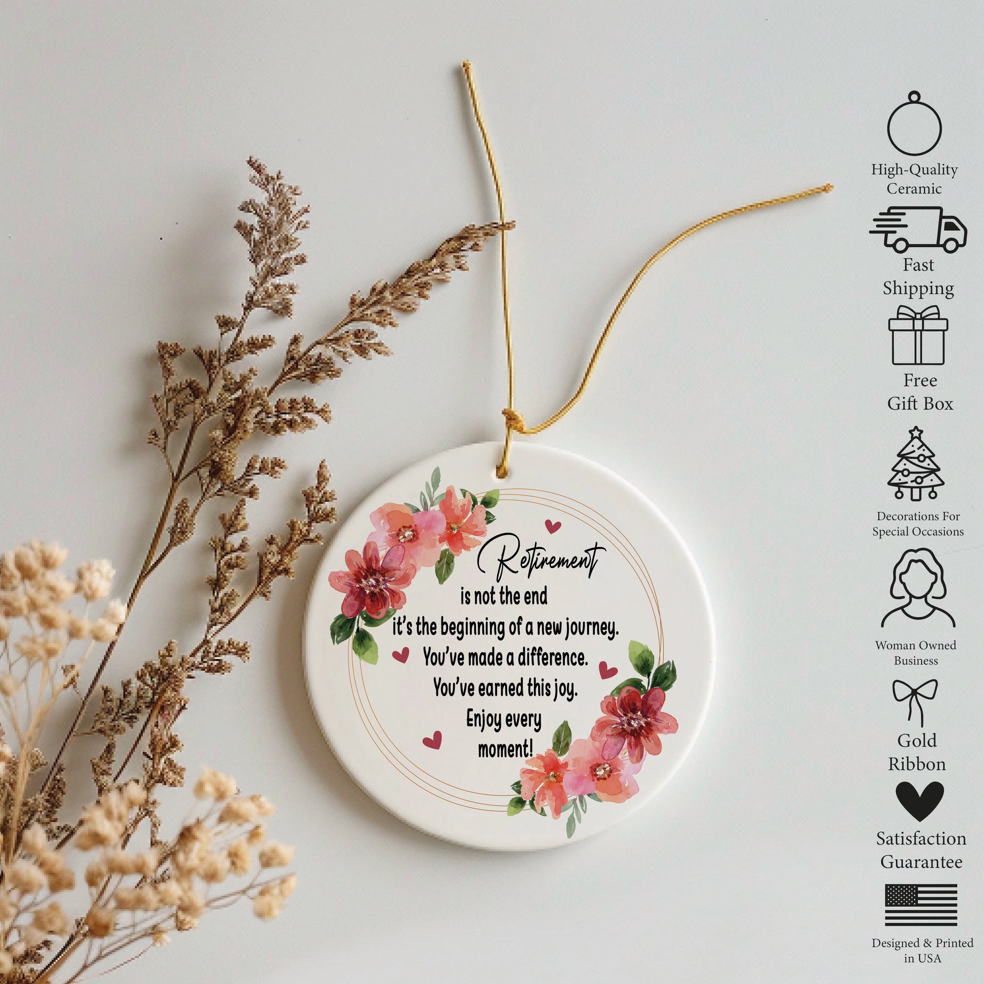 Elegant Floral Retirement Blessing Keepsake, Unique Ceramic Flower Ornament