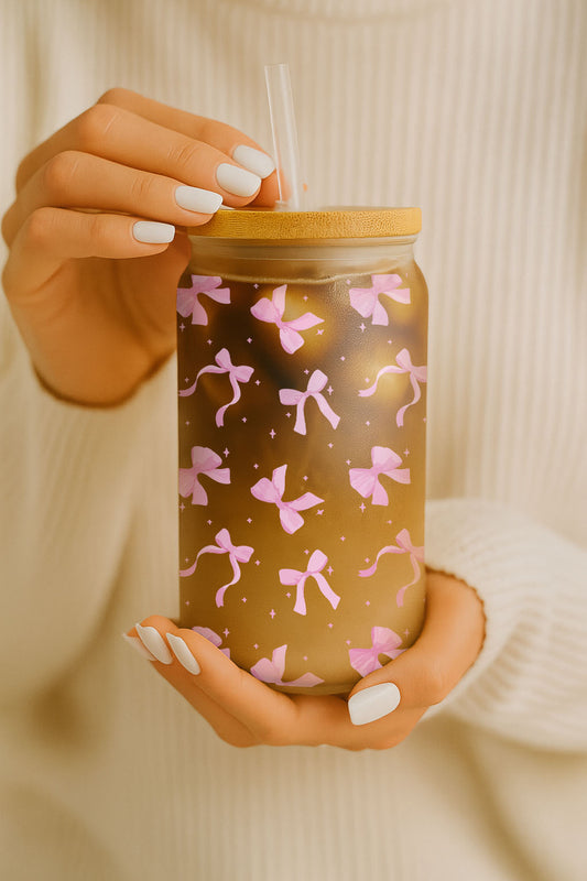 Pink Bow Can Glass Mug, Girly Iced Coffee Cup, Cute Ribbon Smoothie Cup.