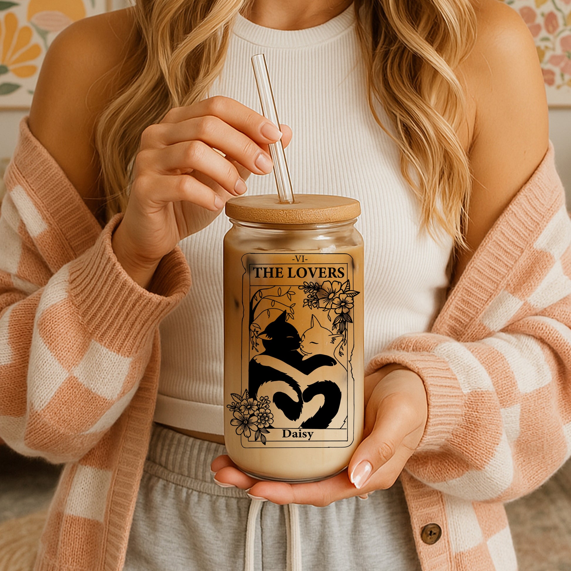 Custom Cat Design Glass Tumbler, Cute Tarot Card Iced Coffee Cup