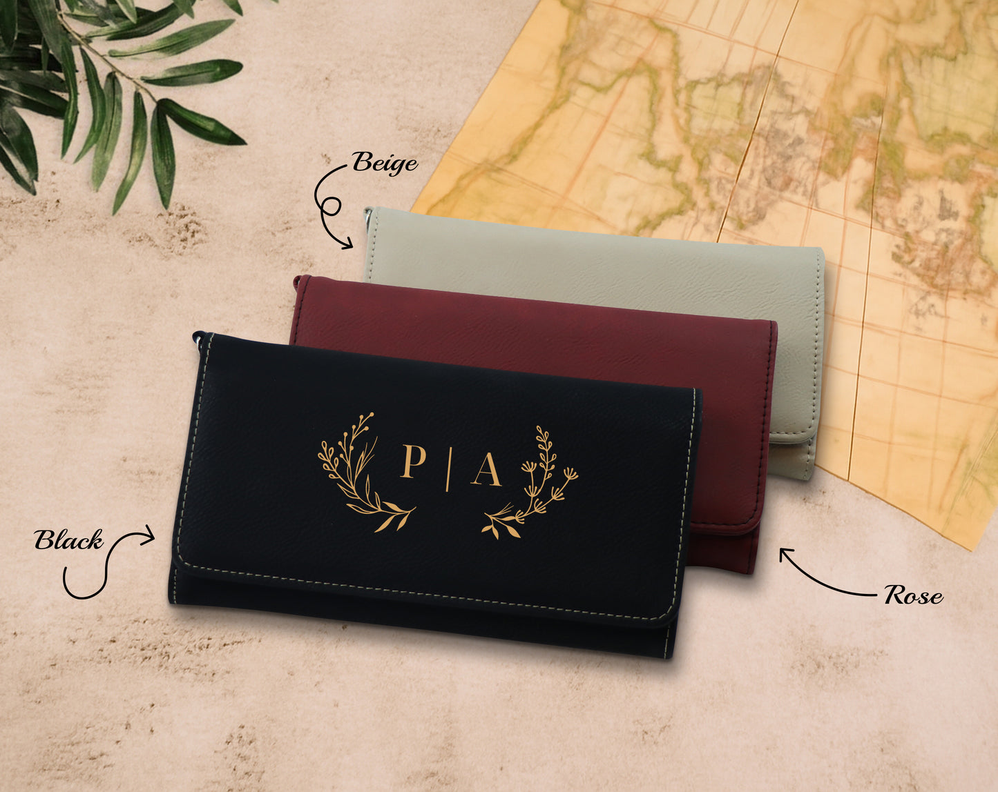 Custom Vegan Leather Wallet with Floral Engraving, Perfect Bridesmaid Gift