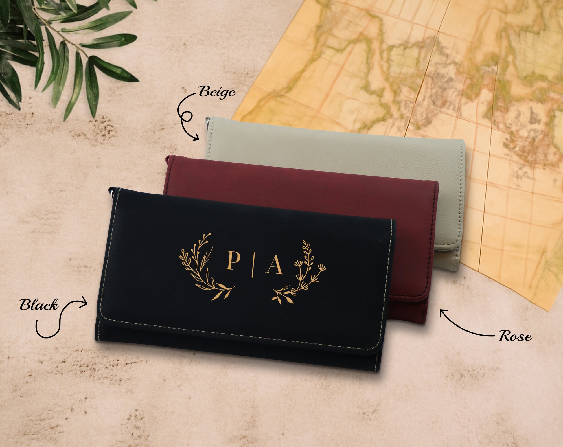 Custom Vegan Leather Wallet with Floral Engraving, Perfect Bridesmaid Gift