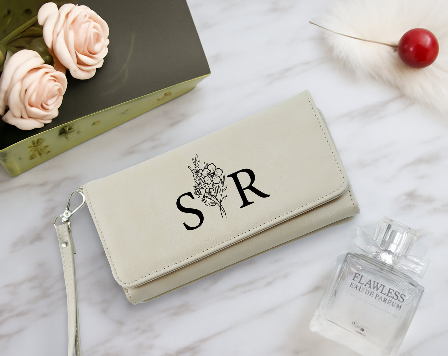 Custom Vegan Leather Wallet with Engraved Name, Floral Wristlet Purse