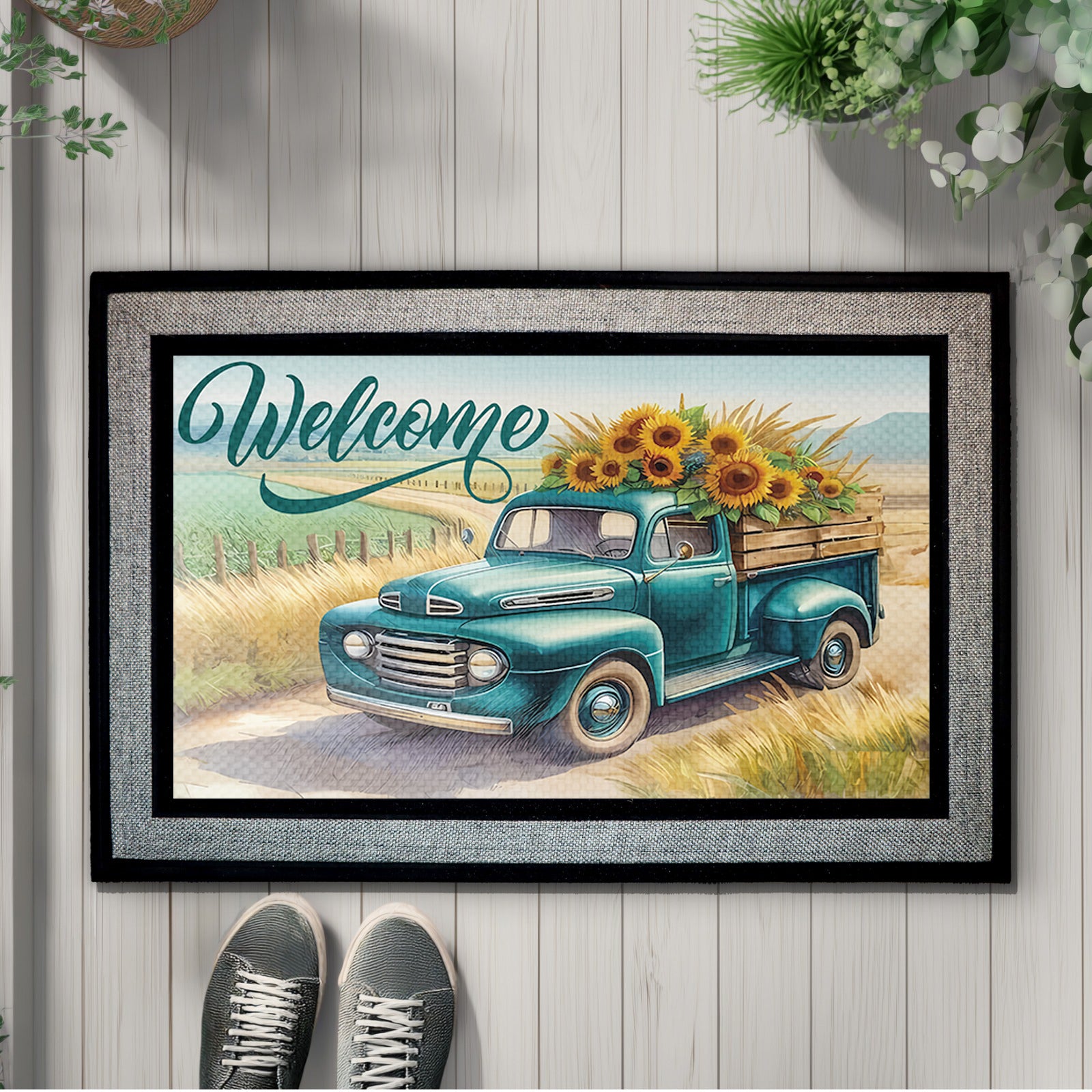 Retro Truck, Sunflowers Welcome Doormat – Country Style Front Door