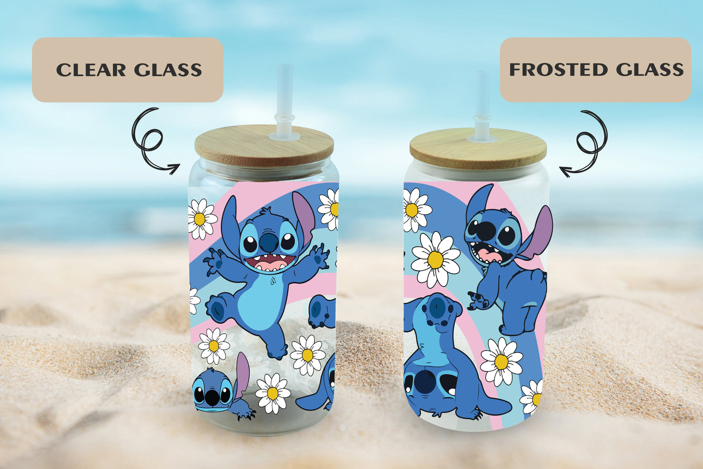 Cute Disney Lover Glass Tumbler, Stitch, Aesthetic Iced Tea Cup