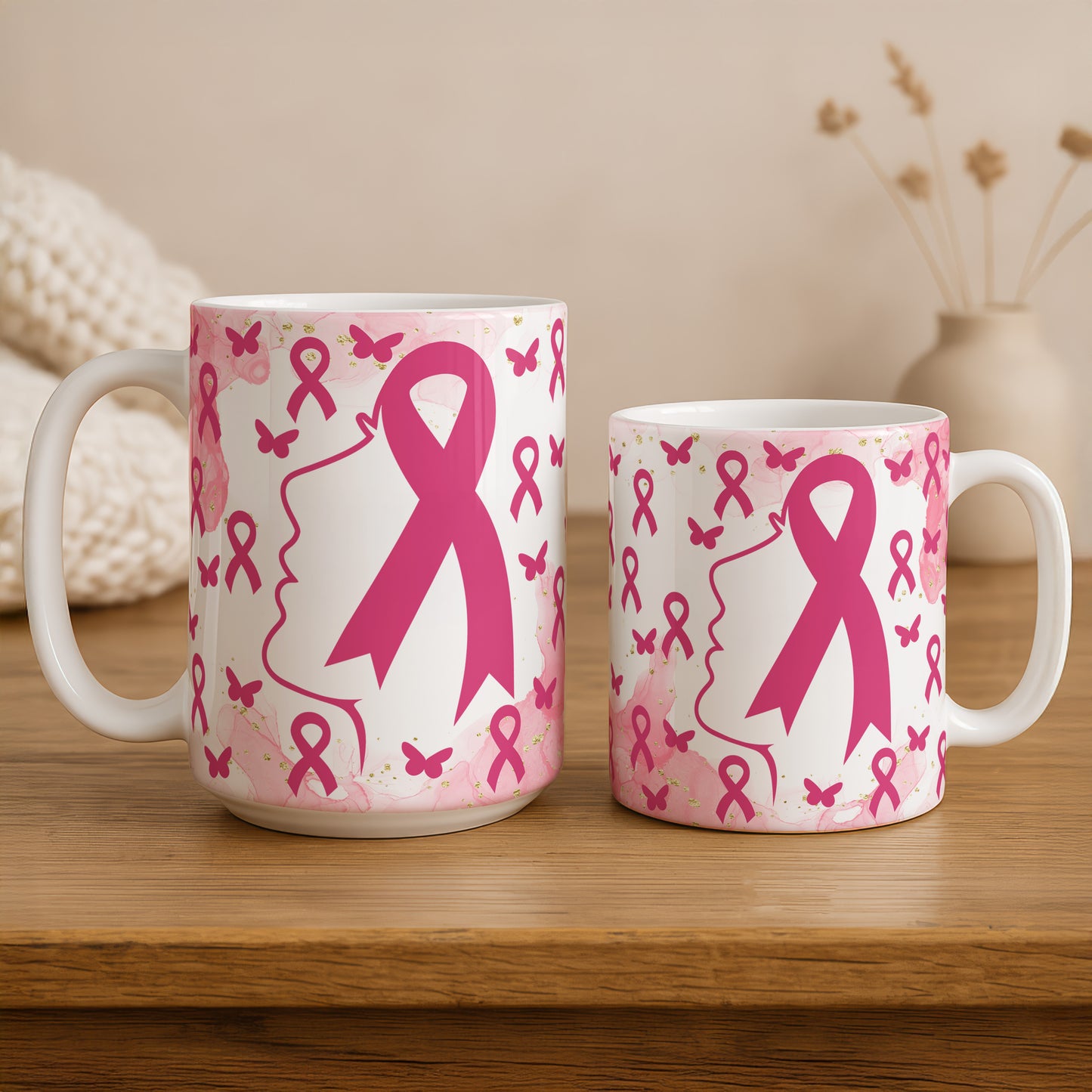 Cute Pink Ribbon Mug, Cancer Fighter Support Ceramic Cup.