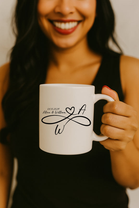 Infinity Heart Couple Mug, Personalized Anniversary Gift, Wedding Date Cup