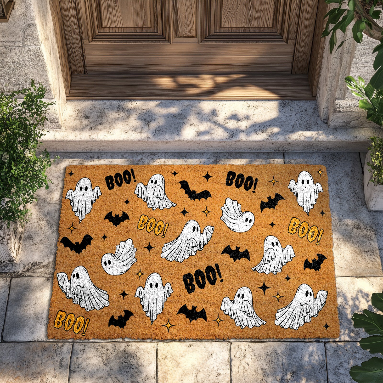 Spooky Season Welcome: Ghost & Bat Pattern Doormat, Boo Floor Mat