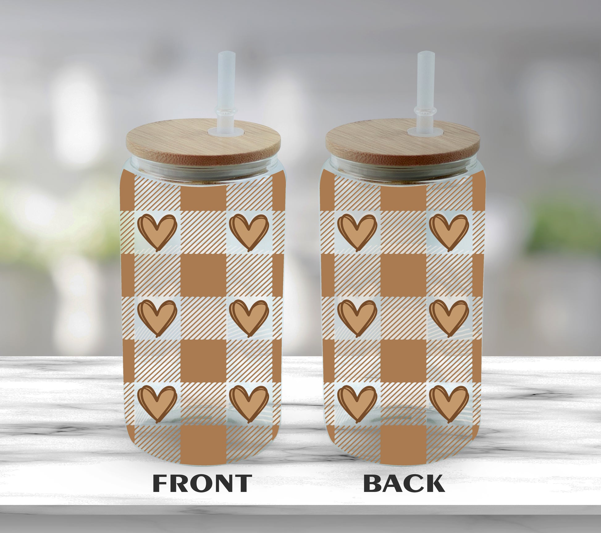Heart Plaid Glass Tumblers, Aesthetic Drinkware for Iced Coffee