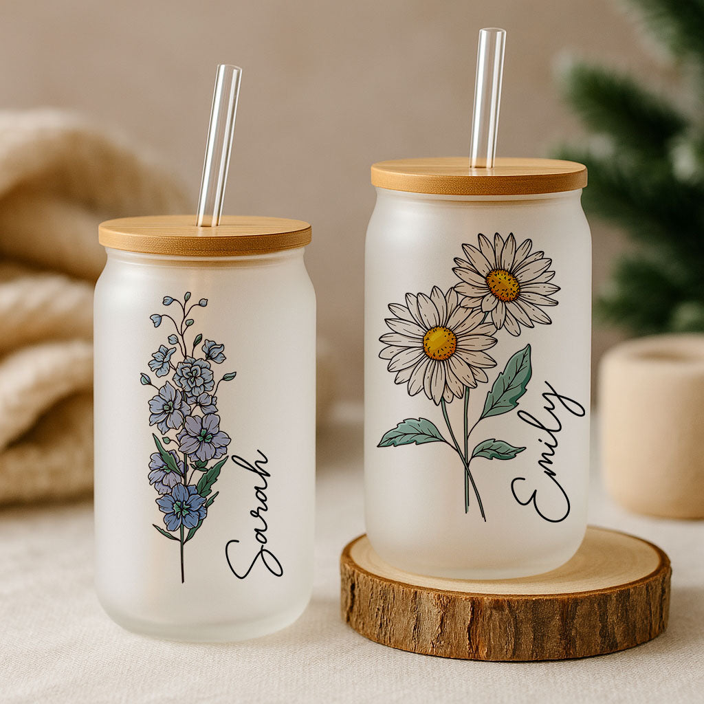 Personalized Birth Month Flower Can Glass, Eco-Friendly Floral Tumbler