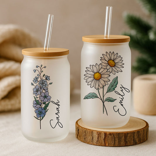 Personalized Birth Month Flower Can Glass, Eco-Friendly Floral Tumbler