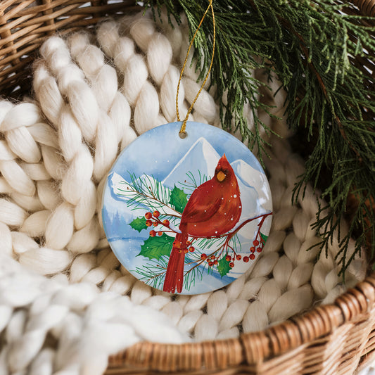 Snowy Mountain Cardinal Ornament: Memorable Ceramic Keepsake for Bird Lovers