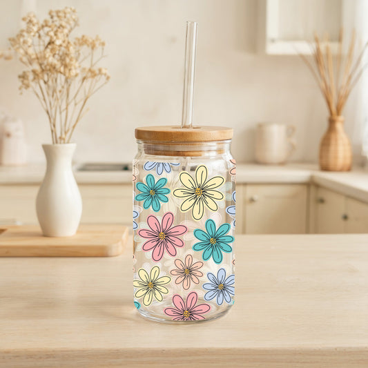 Boho Daisy Tumbler, Retro Floral Coffee Cup, Groovy Smoothie Glass