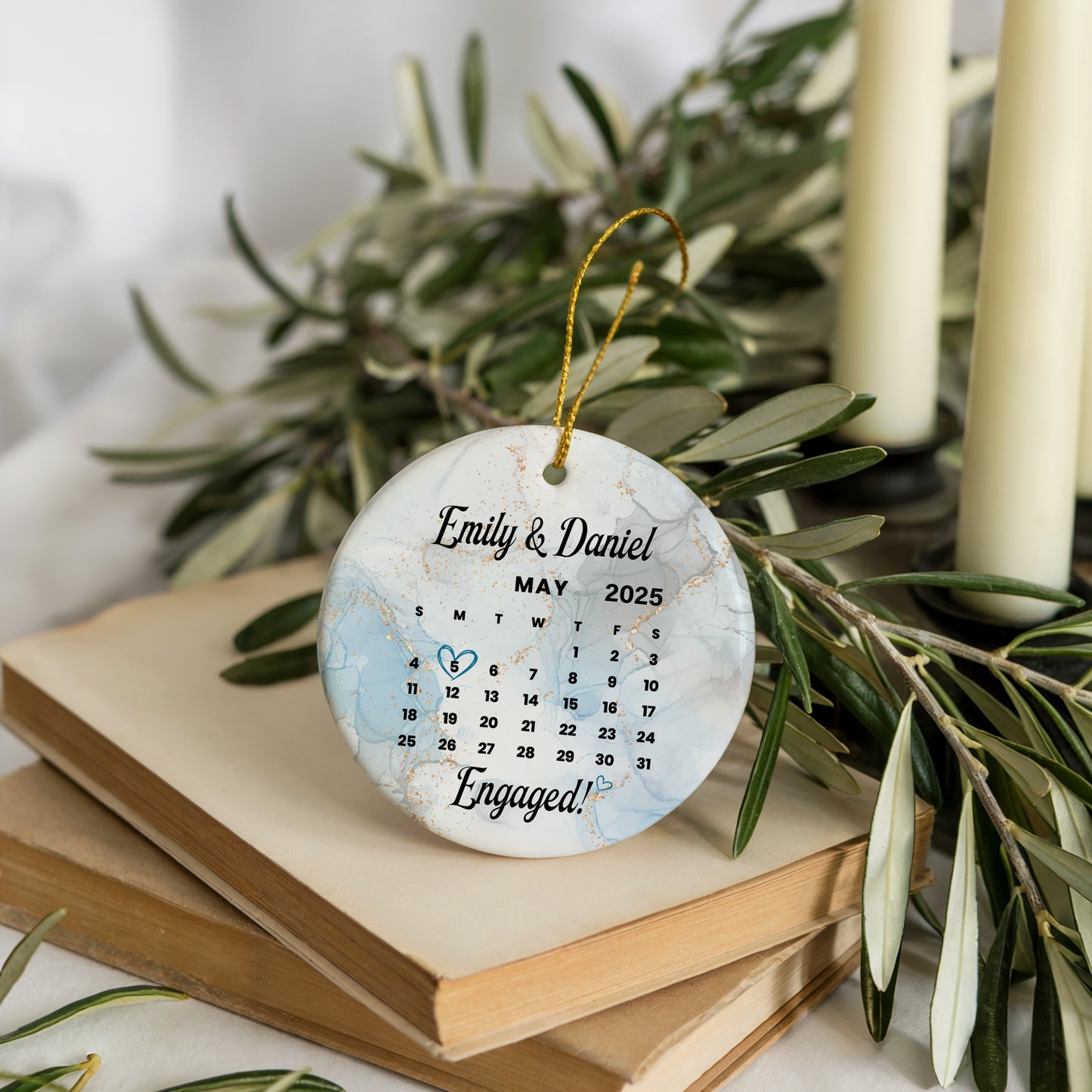 Marble Design Engaged Ornament, Personalized Calendar Theme Engagement Keepsake