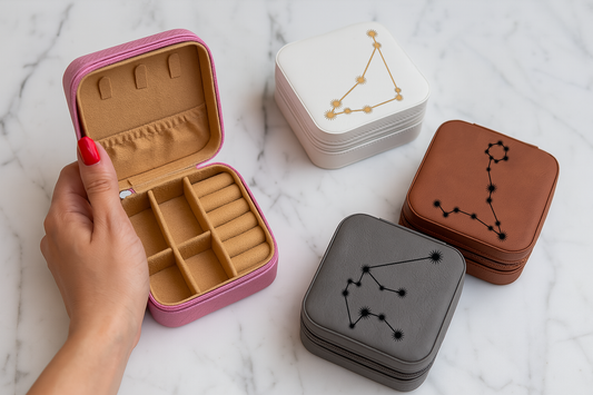 Zodiac Sign Jewelry Box, Travel Organizer - Engraved Vegan Leatherette
