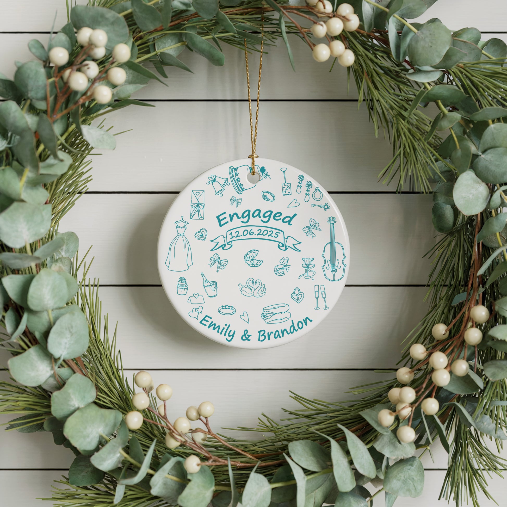Custom Engaged Ceramic Ornament, Vibrant Doodle Design, Elegant Engagement Keepsake