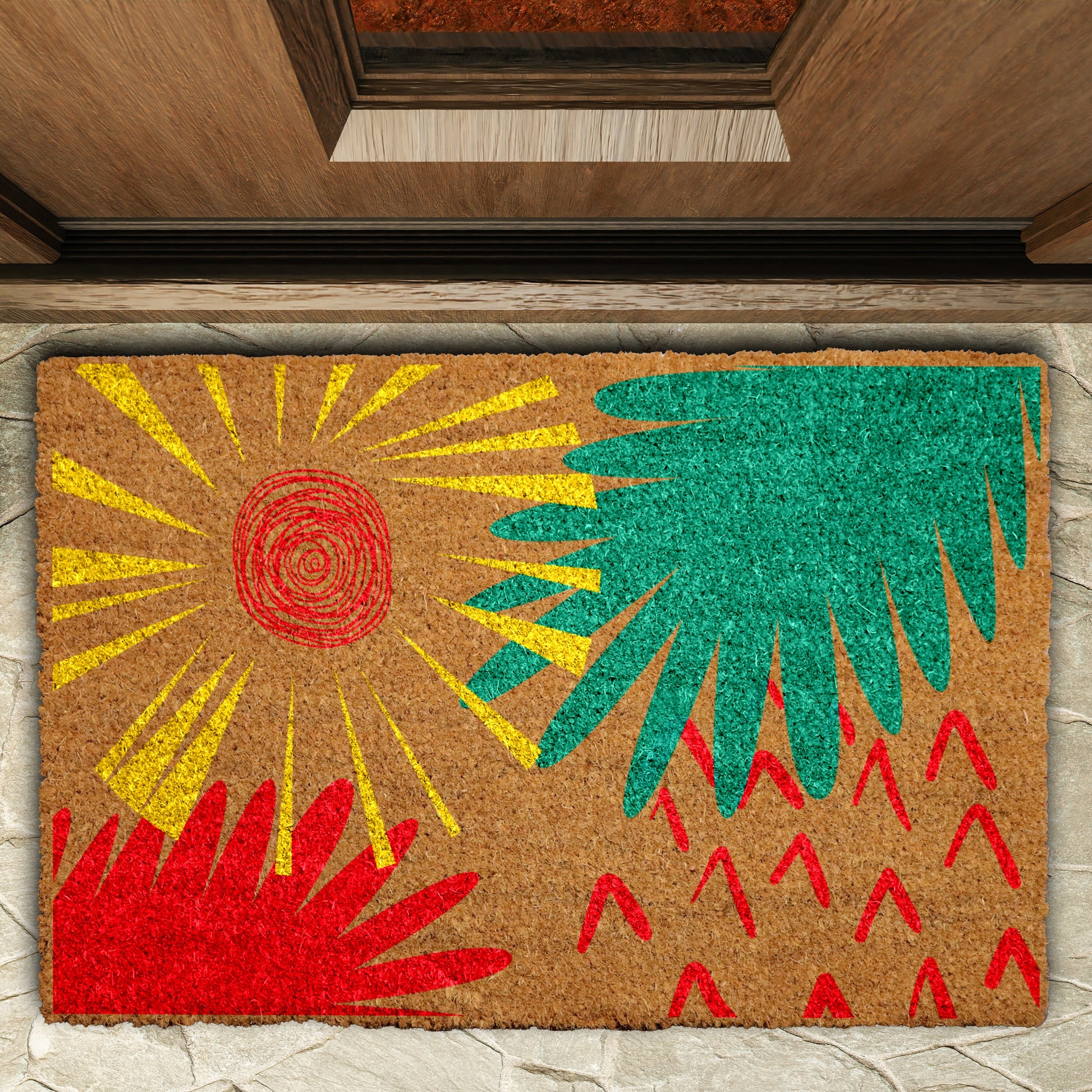 Modern Abstract Sun Doormat, Colorful Leaves Mat for Boho Home