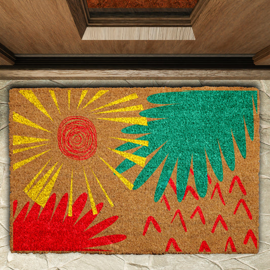 Modern Abstract Sun Doormat, Colorful Leaves Mat for Boho Home