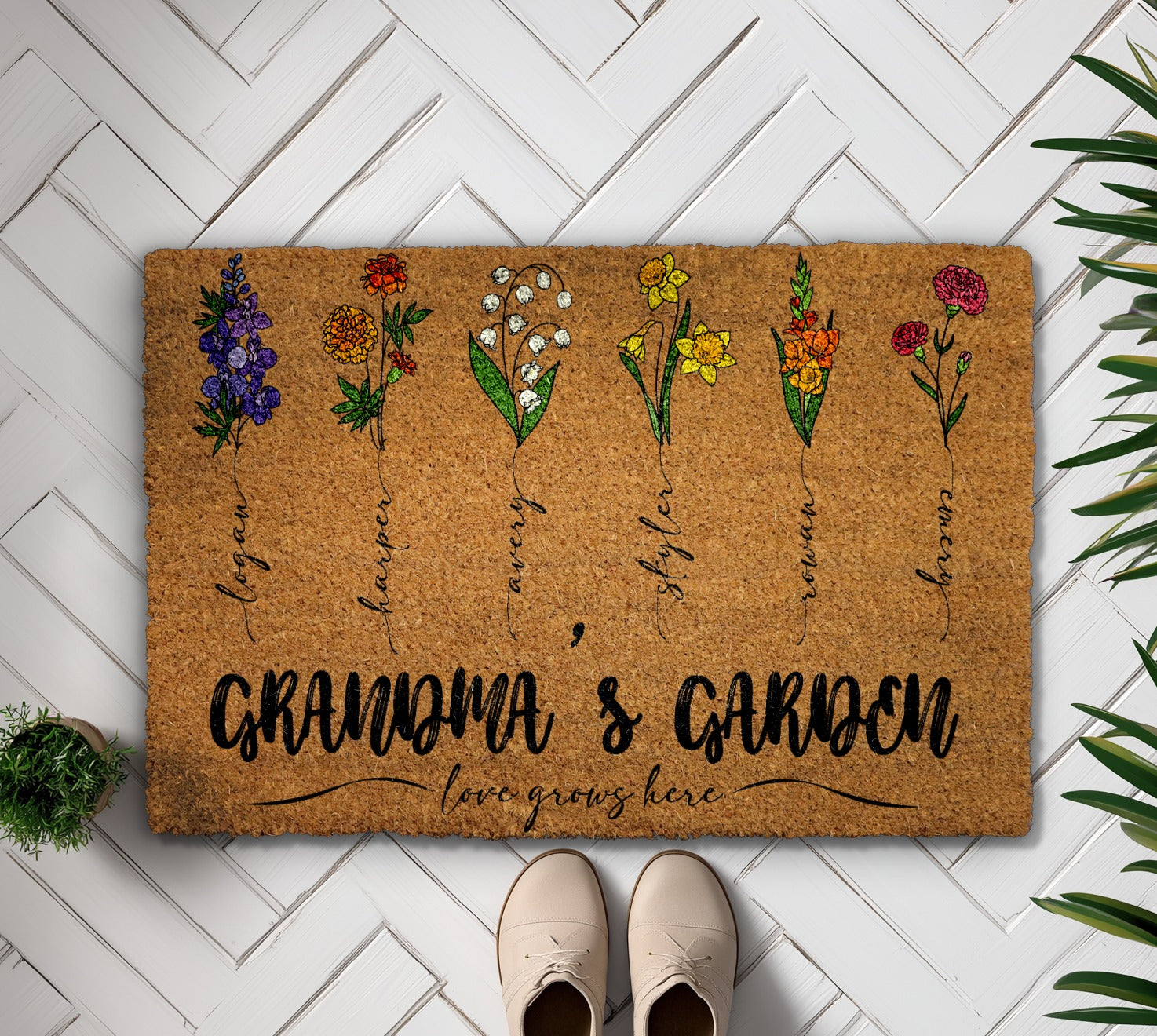 Personalized Grandkids' Name Doormat, Birth Month Flower Coir Rug!