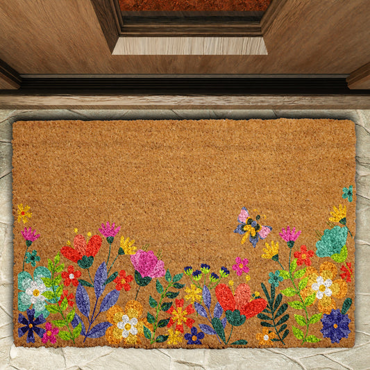 Butterfly & Floral Welcome Mat, Vibrant Spring Garden Entrance Rug