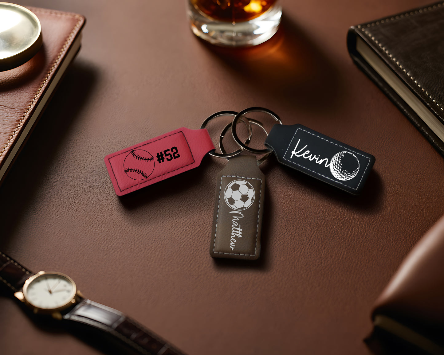 Custom Sports Theme Vegan Leather Keychains, Personalized Athlete Gift