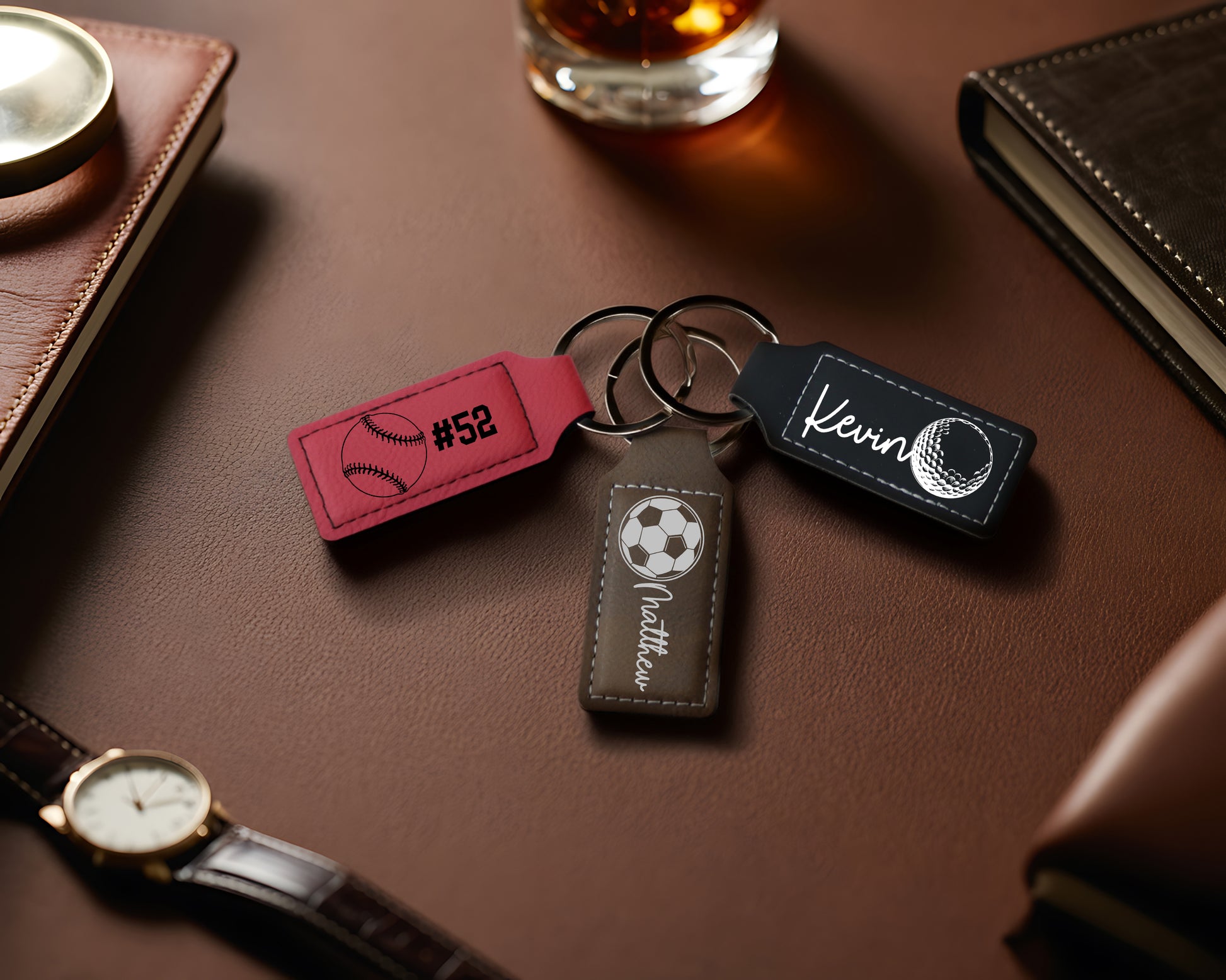 Custom Sports Theme Vegan Leather Keychains, Personalized Athlete Gift