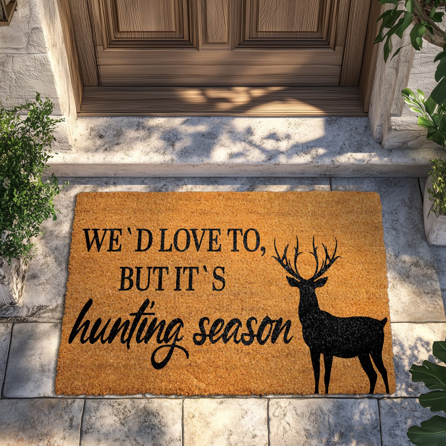 Welcome hunters with our rustic hunting lodge doormat, featuring deer silhouette.
