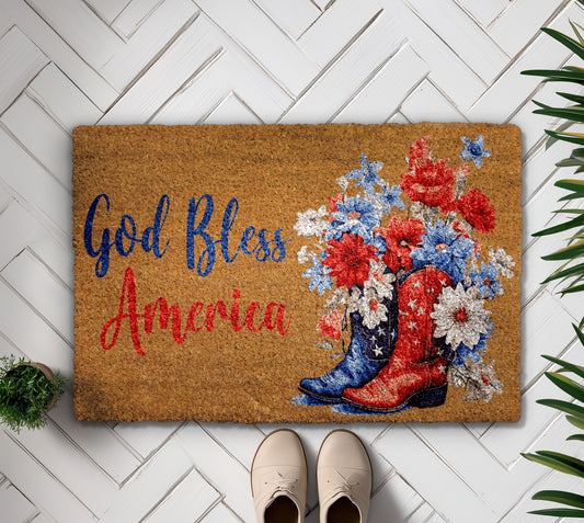 Patriotic God Bless America, Floral Cowboy Boots, July Welcome Mat