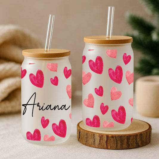 Personalized Iced Coffee Cup, Heart Print Can Glass, Eco-Friendly Tumbler