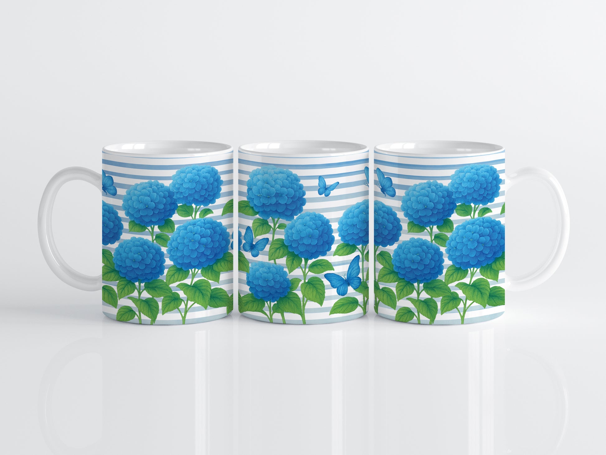 Hydrangea Coffee Cup, Blue Flowers & Butterfly Mug: Garden Lover's Delight