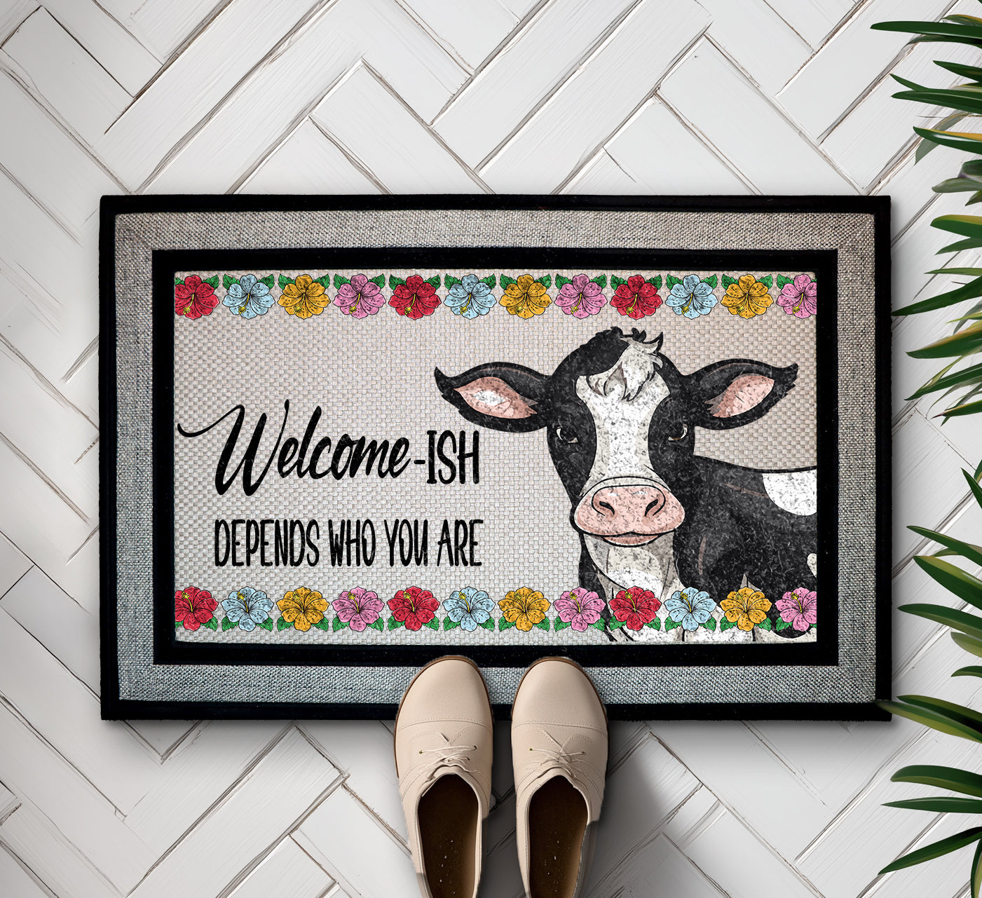 Floral Cow Funny Doormat, Sarcastic Farmhouse Entry Rug, New Home Gift
