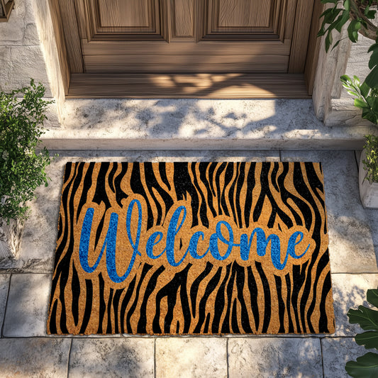 Blue Lettering Zebra Print Welcome Doormat, Eclectic Porch Decor