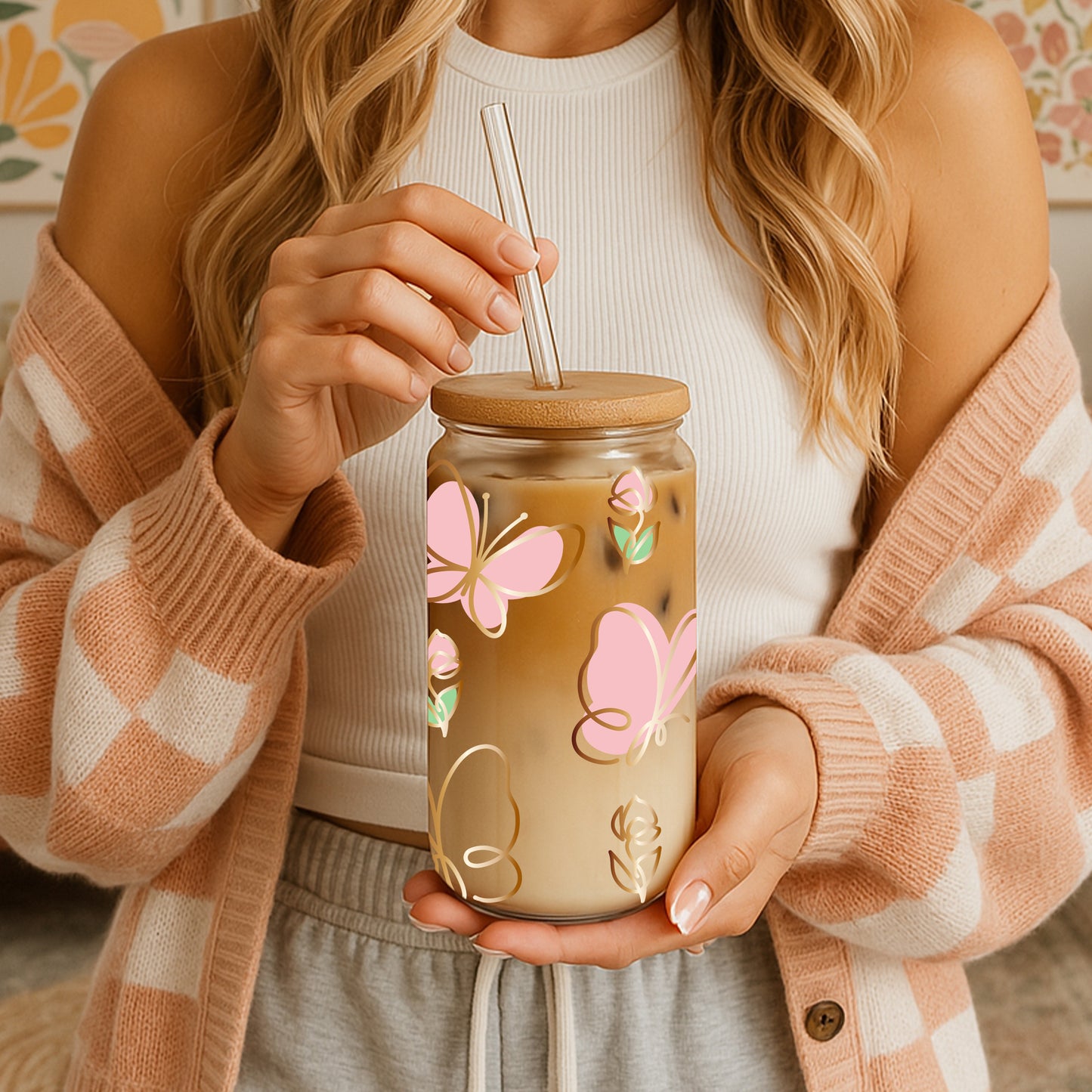 Golden Striped Butterfly Glass Tumbler, Cute Eco-Friendly Iced Coffee Cup