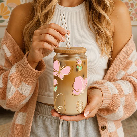 Golden Striped Butterfly Glass Tumbler, Cute Eco-Friendly Iced Coffee Cup