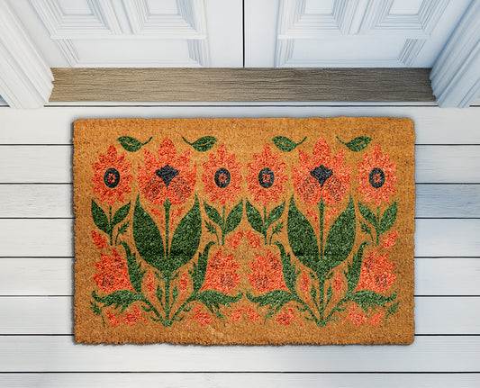 Hand-Painted Floral Welcome Mat, Botanical Orange Flower Coir Doormat