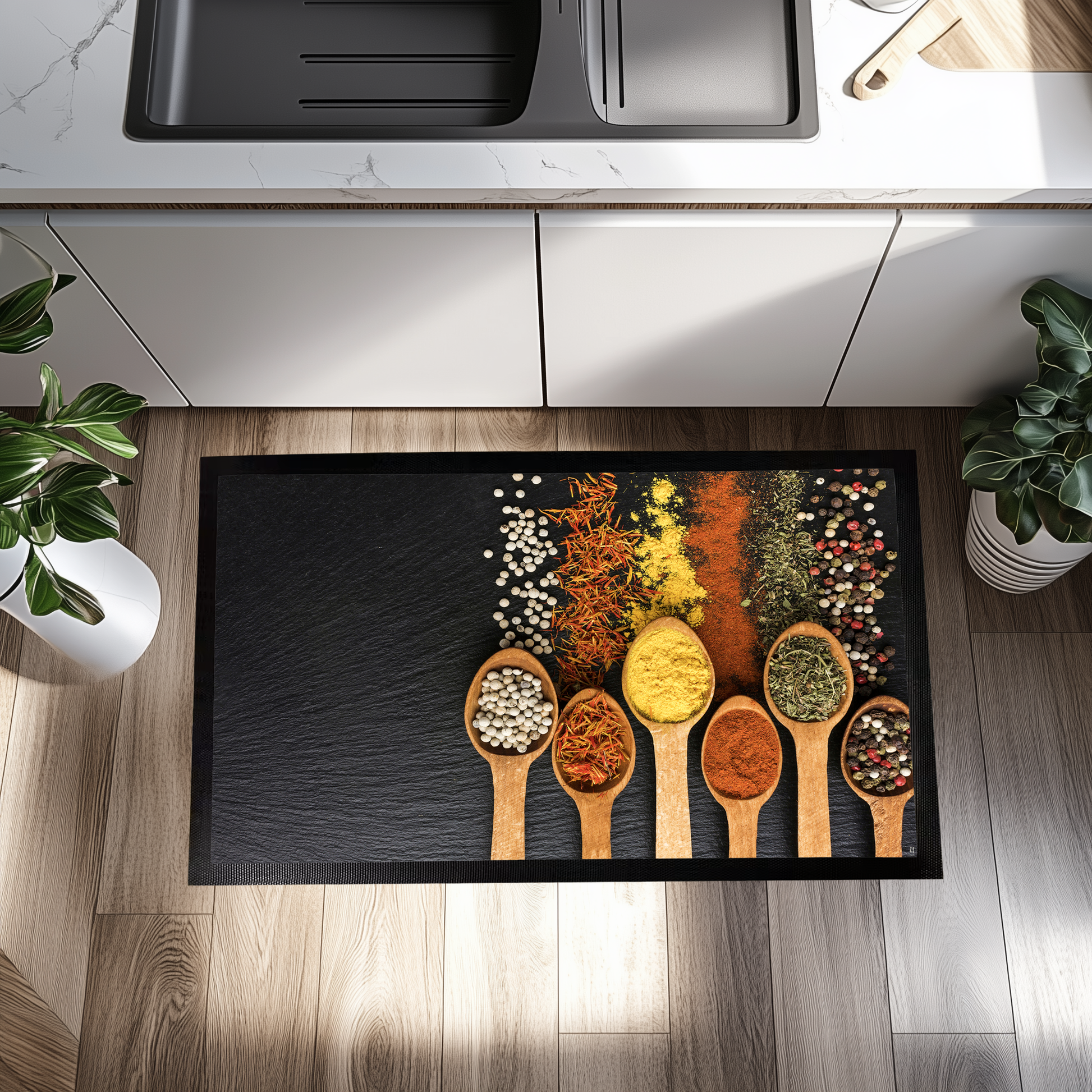 Spice up your kitchen with this comfortable decorative rug