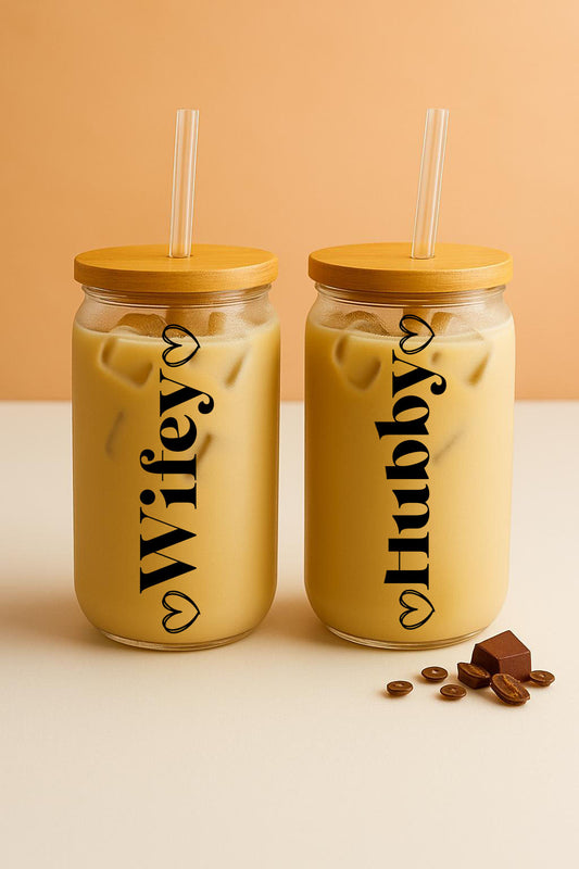 Newlywed Glass Tumbler Set, Bride Groom Matching Coffee Mugs