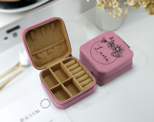 Personalized Leather Jewelry Case with Flower Design, Ideal Bridesmaid Gift