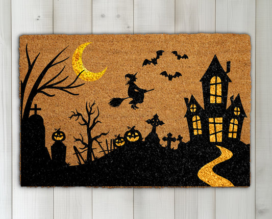 Spooky Witch Haunted House Doormat, Gothic Halloween Decor for Fall