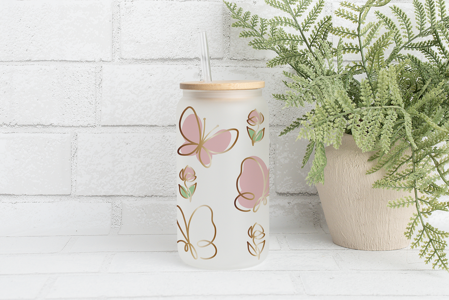 Golden Striped Butterfly Glass Tumbler, Cute Eco-Friendly Iced Coffee Cup