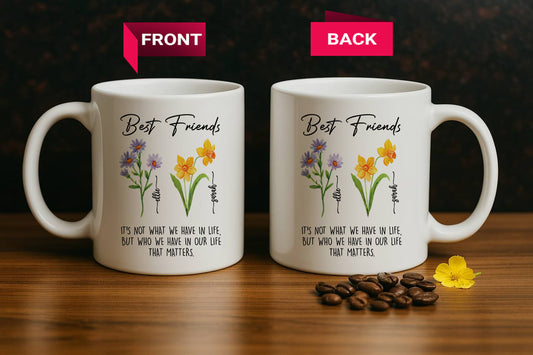 Custom Birth Flower Best Friends Ceramic Mug, Adorable Matching Tea Cup