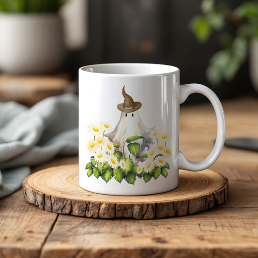 Cottage Core Ghost Mug, Daisy Flower Ceramic Cup, Witchy Pottery